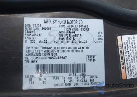 2005 Lincoln Aviator из США, поврежденный, VIN 5LMEU88H05ZJ18967